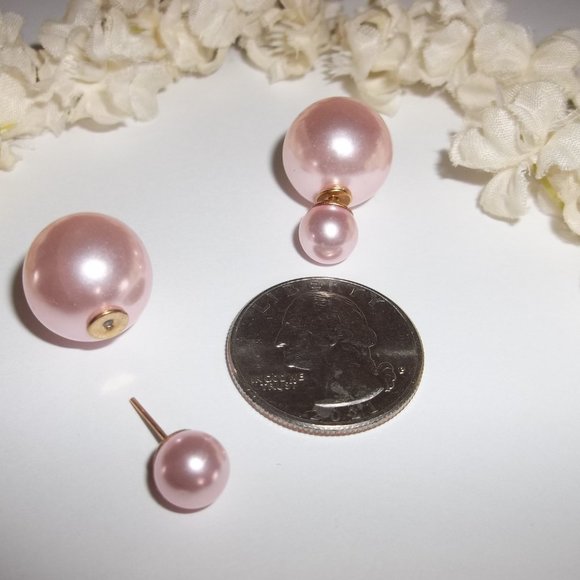Double Sided Front and Back Earrings Pink Faux Pearl Gold Post Stud Pair C537 - Picture 3 of 6